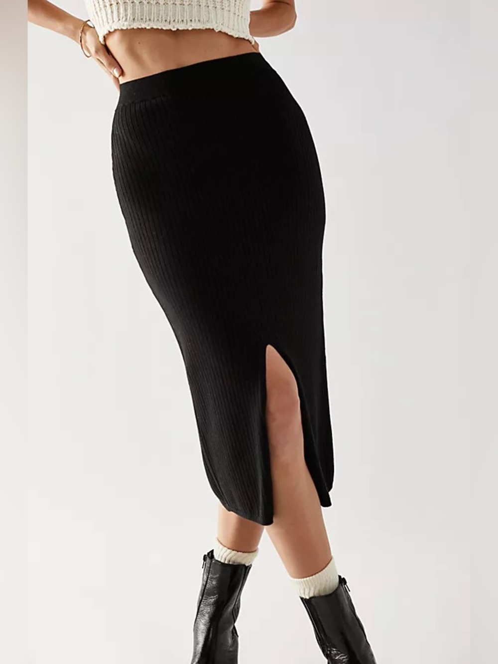 Free People Skyline Midi Black Ribbed Knit Skirt Side Slit Size‎ XS
